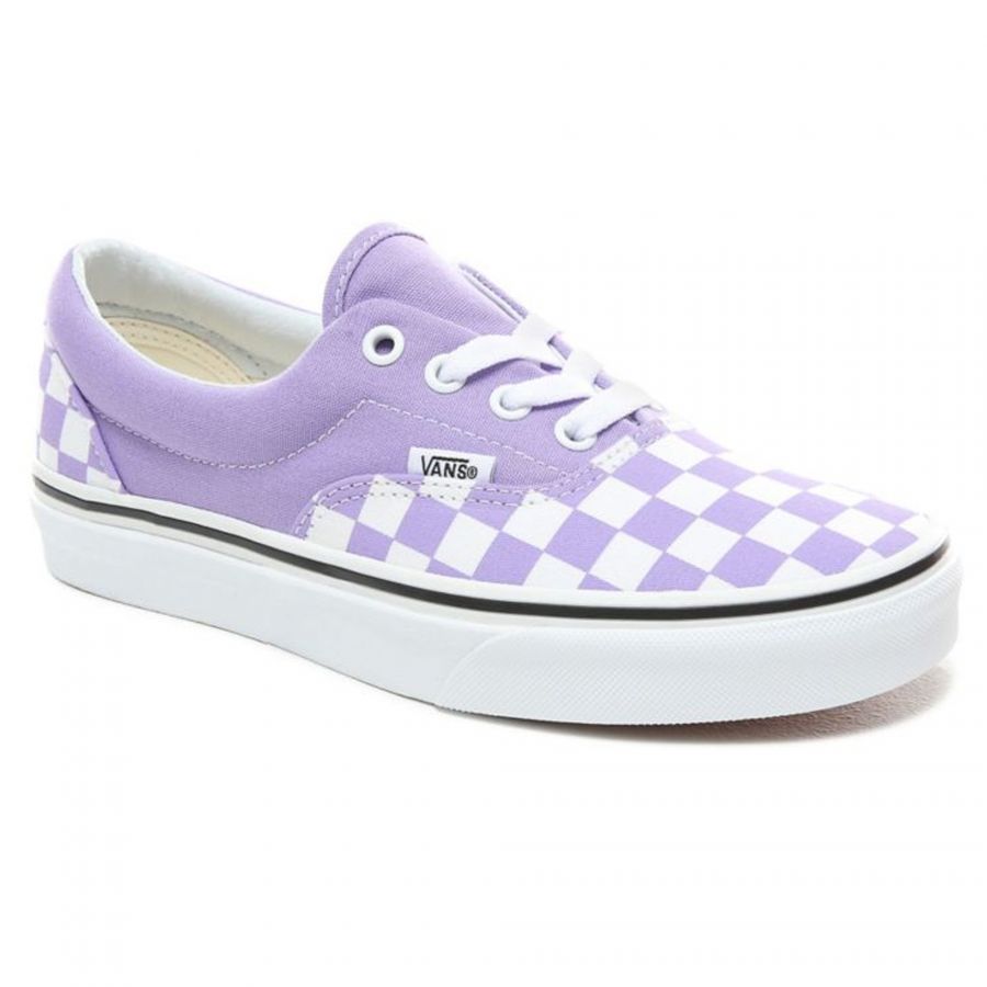 purple checkerboard vans with laces